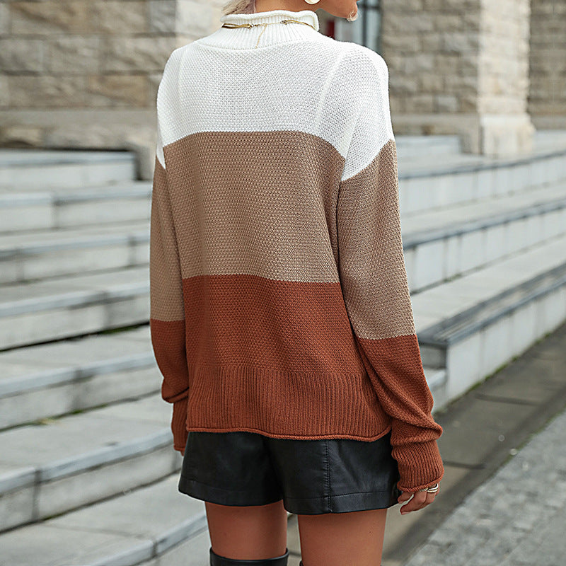 Ladies chunky knit turtleneck sweater in color block style with oversized fit and textured knit Chichicherry