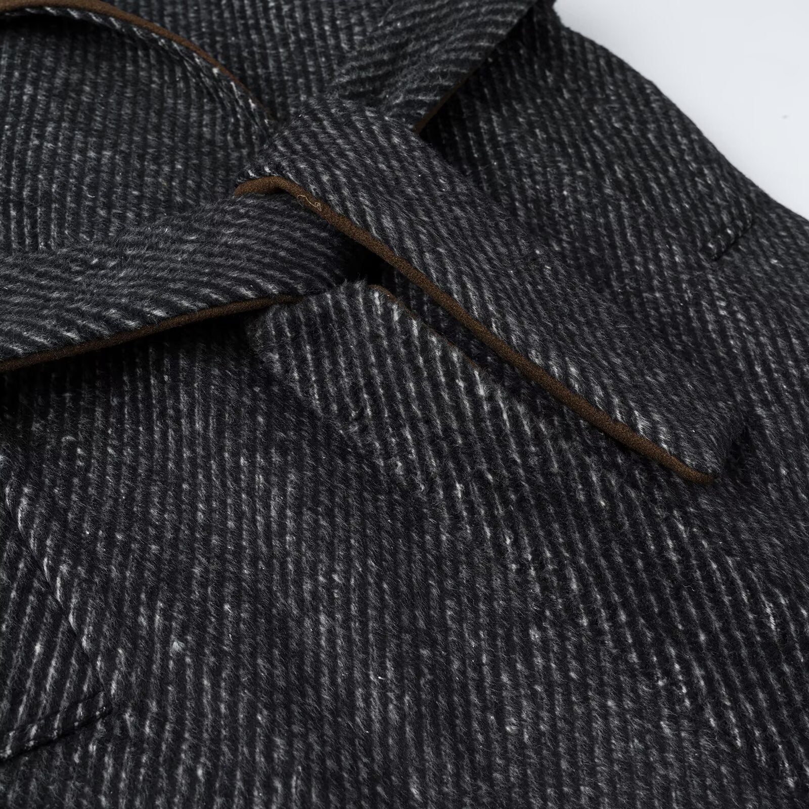 Women Long Wool Herringbone Coat with Tie Belt and Large Notched Collar Chichicherry