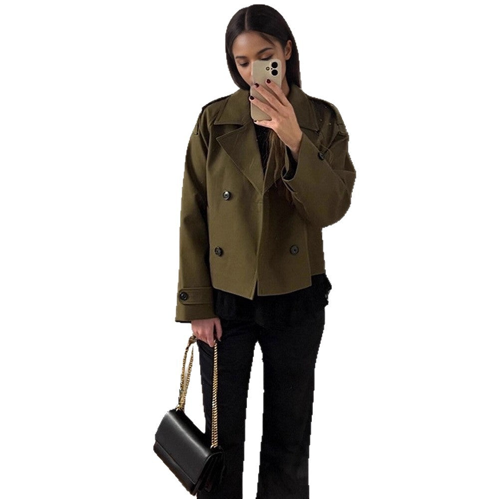 Women's Cropped Double-Breasted Trench Coat with Boxy Silhouette and Patch Pockets Chichicherry