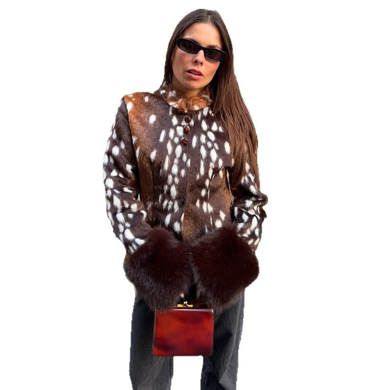 Women's Tailored Short Jacket with Leopard Print and Faux Fur Cuffs Chichicherry