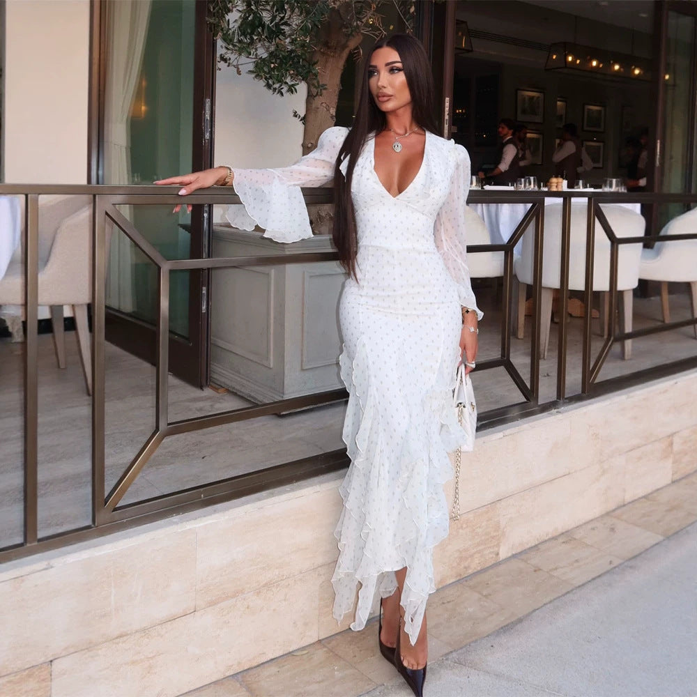 Women's chiffon maxi dress with deep V-neck, transparent bell sleeves and tiered ruffles Chichicherry