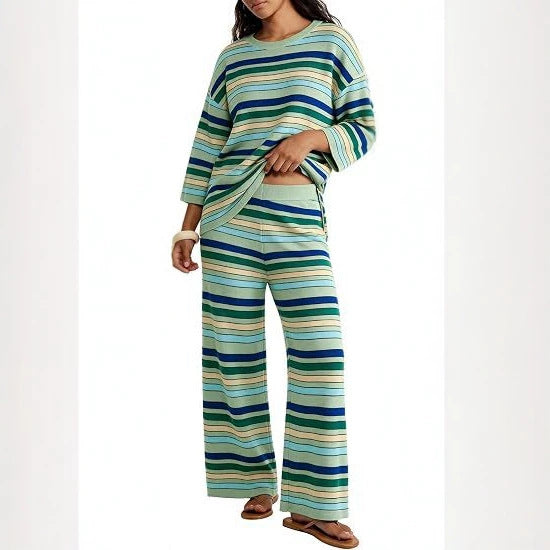 Women's Striped Lounge Set made of lightweight knit with wide leg and 3/4 sleeves Chichicherry