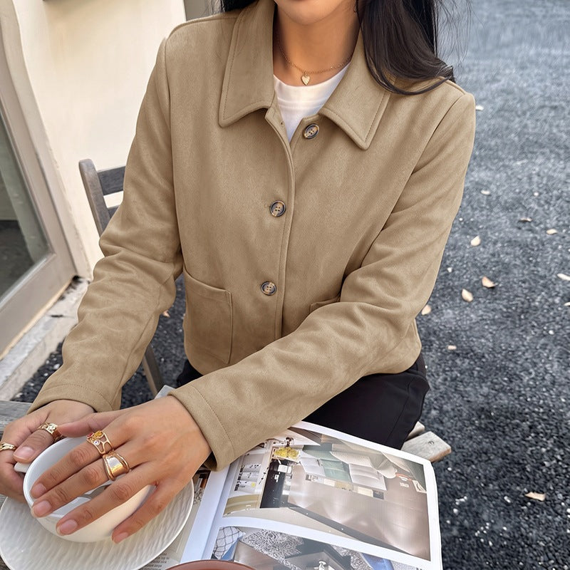 Women's short jacket made of suede look with shirt collar and patch pockets Chichicherry