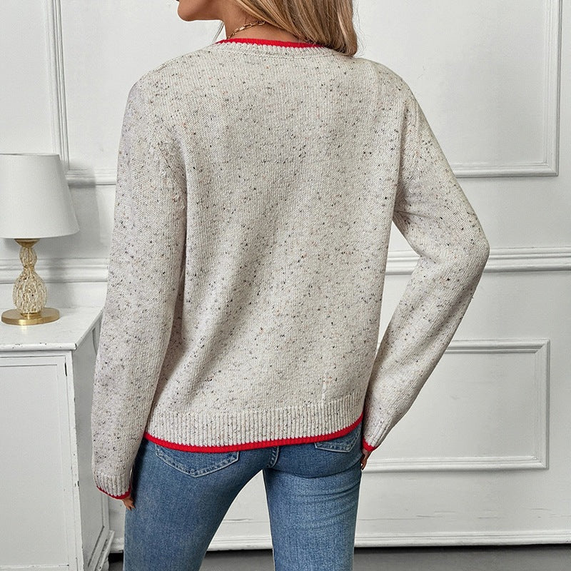 Women’s short-cut knitted cardigan with mélange bobble texture and contrasting cuffs Chichicherry