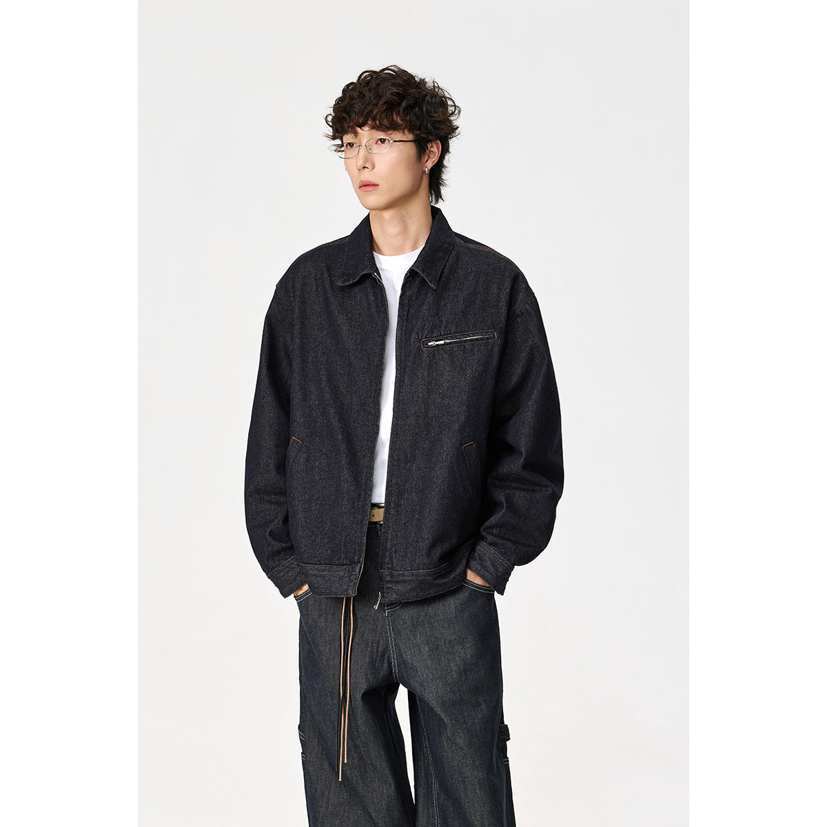 Men's Loose-Fit Denim Worker Jacket with Hidden Zipper and Slanted Chest Pocket Chichicherry
