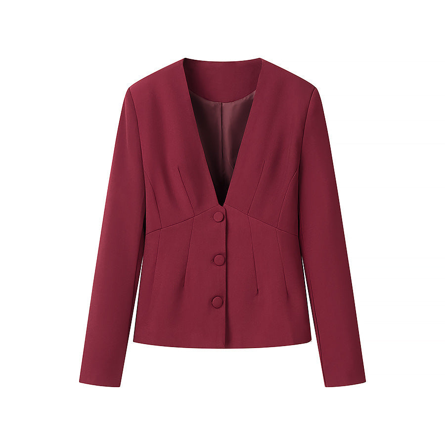 Women Tailored Blazer with Deep V-Neck and Concealed Button Placket Chichicherry