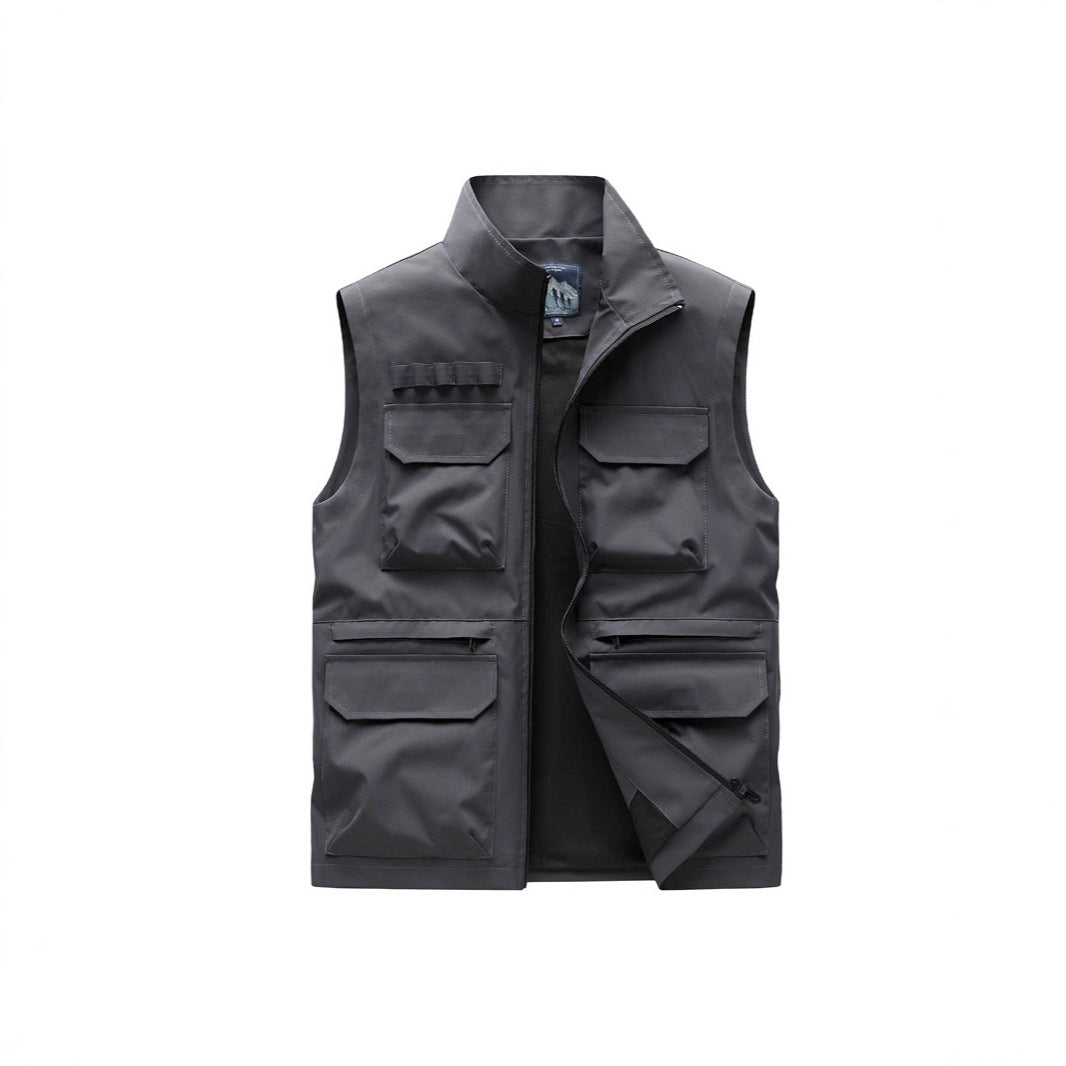 Men's Outdoor Utility Vest with eight multifunctional pockets, durable cotton blend, and wind protection collar Chichicherry