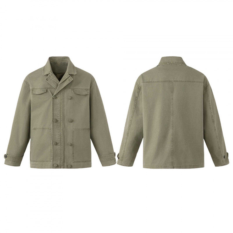 Men's Double-Breasted Canvas Worker Jacket with Shirt Collar, Patch Pockets, and Boxy Cut Chichicherry