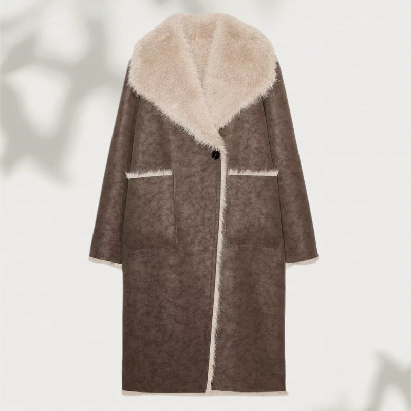 Women's Long Faux Fur Shearling Coat with Oversized Shawl Collar and Patch Pockets Chichicherry