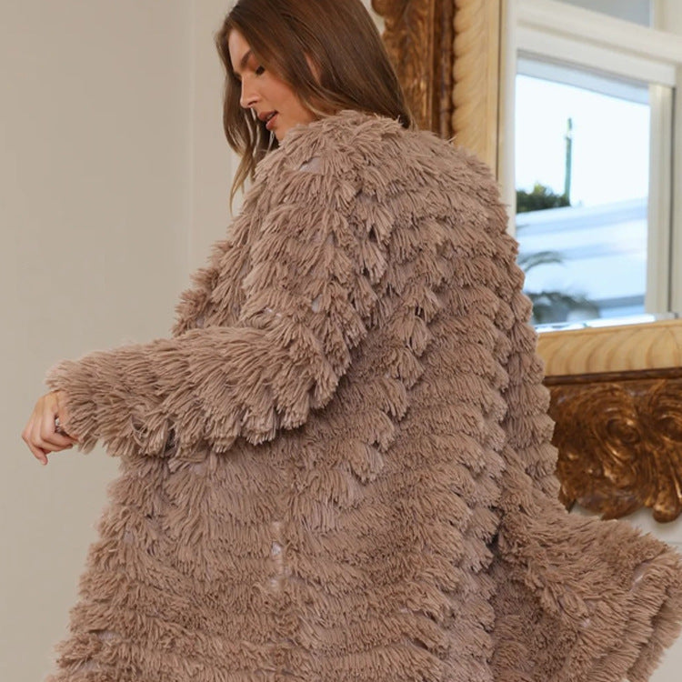 Women Midi-length Plush Coat with Fringe Structure and Open Silhouette Chichicherry