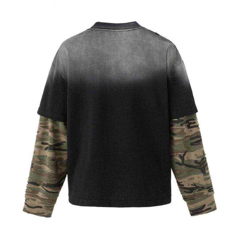 Unisex Oversize Layering Shirt with camouflage sleeves, vintage graphic and destroy details Chichicherry