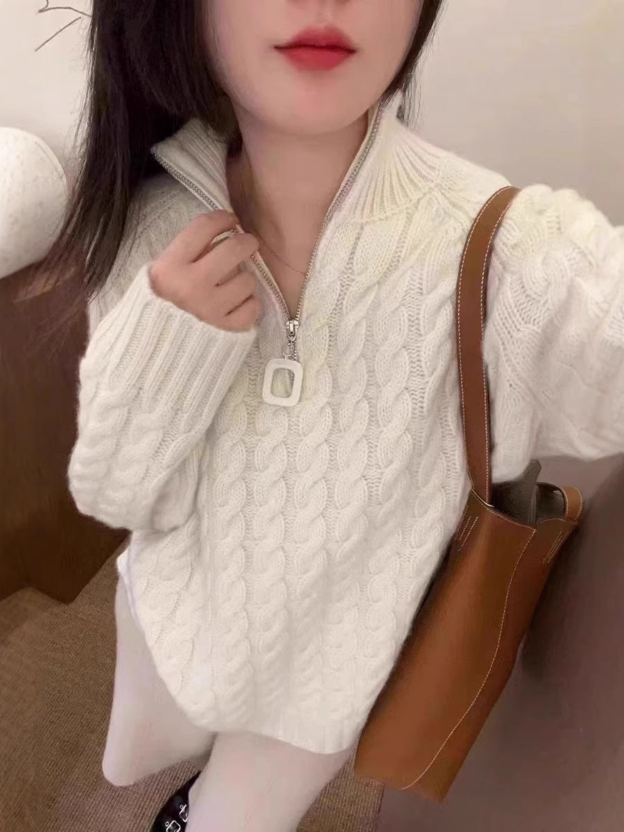 Ladies Oversize Cable Pattern Fine Knit Sweater with Half Zipper and Stand-Up Collar Chichicherry