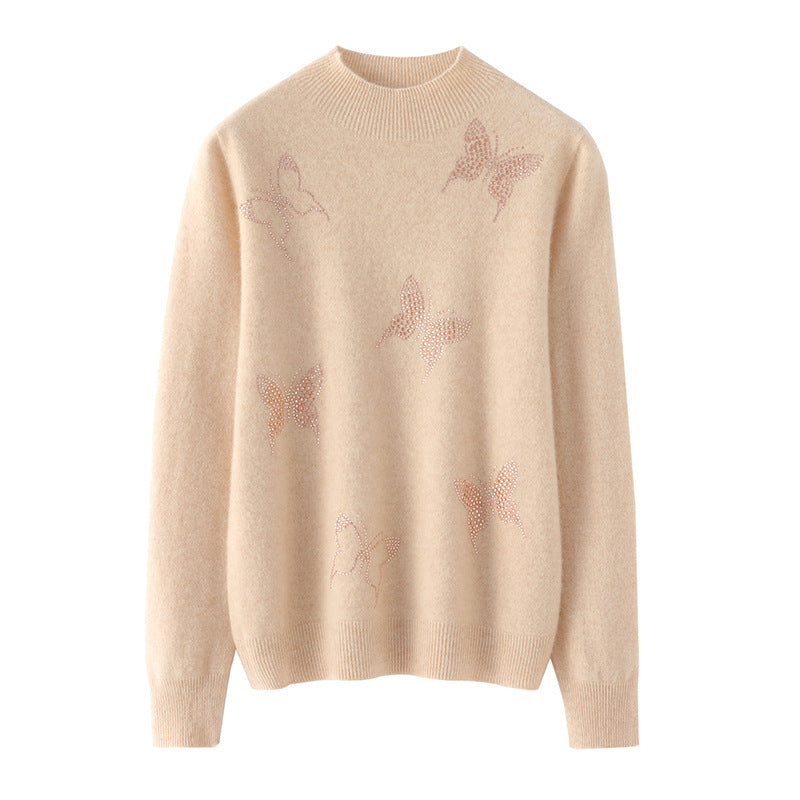Ladies Stand Collar Fine Knit Sweater with Rhinestone Butterfly Appliqué Chichicherry