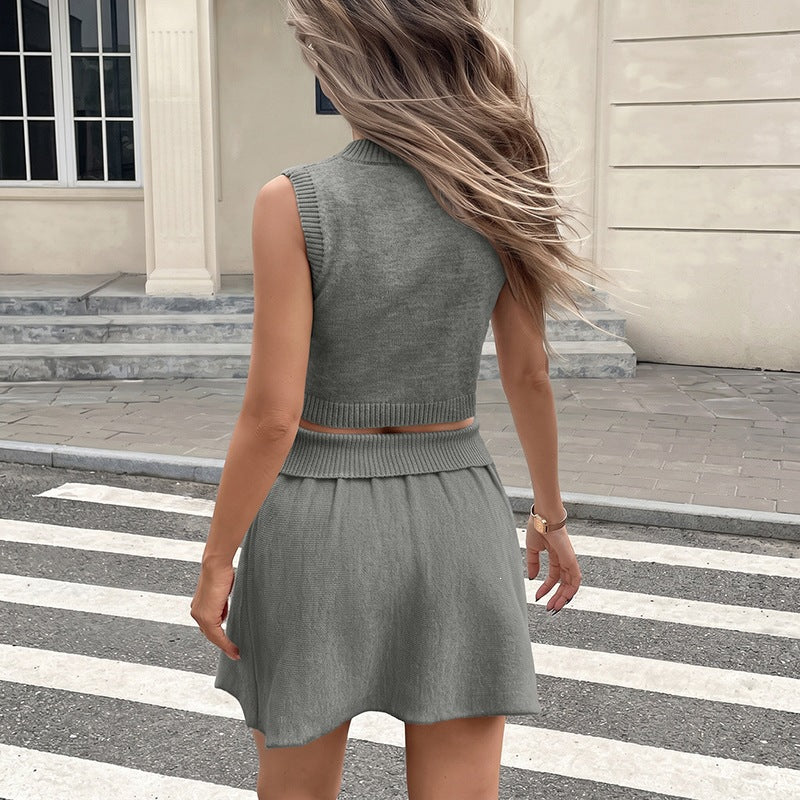 Women's Knitted Cropped Set with V-Neck, Sleeveless Sweater, and Pleated Mini Skirt Chichicherry