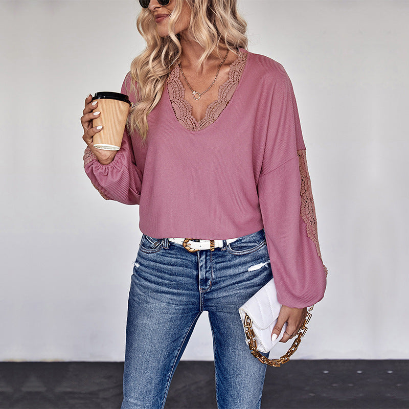 Women's Loose Shirt with V-Neck, Lace Trim and Balloon Sleeves Chichicherry