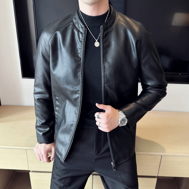 Men Slim Faux Leather Blouson with Stand-Up Collar and Concealed Zip Chichicherry