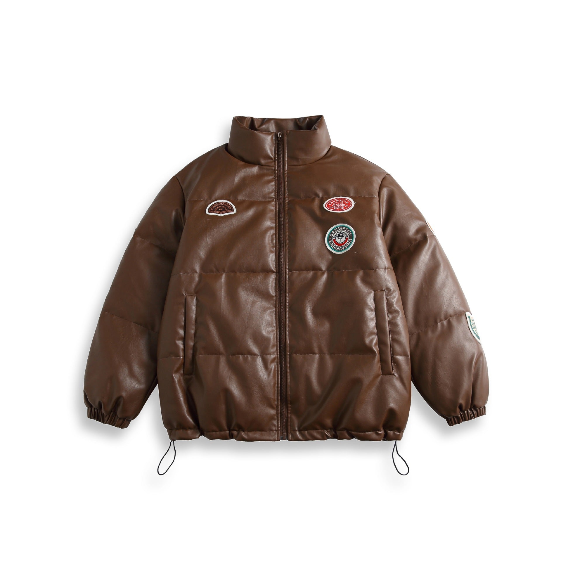 Unisex Short Cut Padded Faux Leather Puffer with High Standing Collar and Badge Details Chichicherry