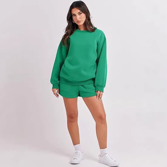 Women's Casual Two-Piece Lounge Sweatset with Oversized Round Neck Sweatshirt and High-Waist Relax Shorts Chichicherry