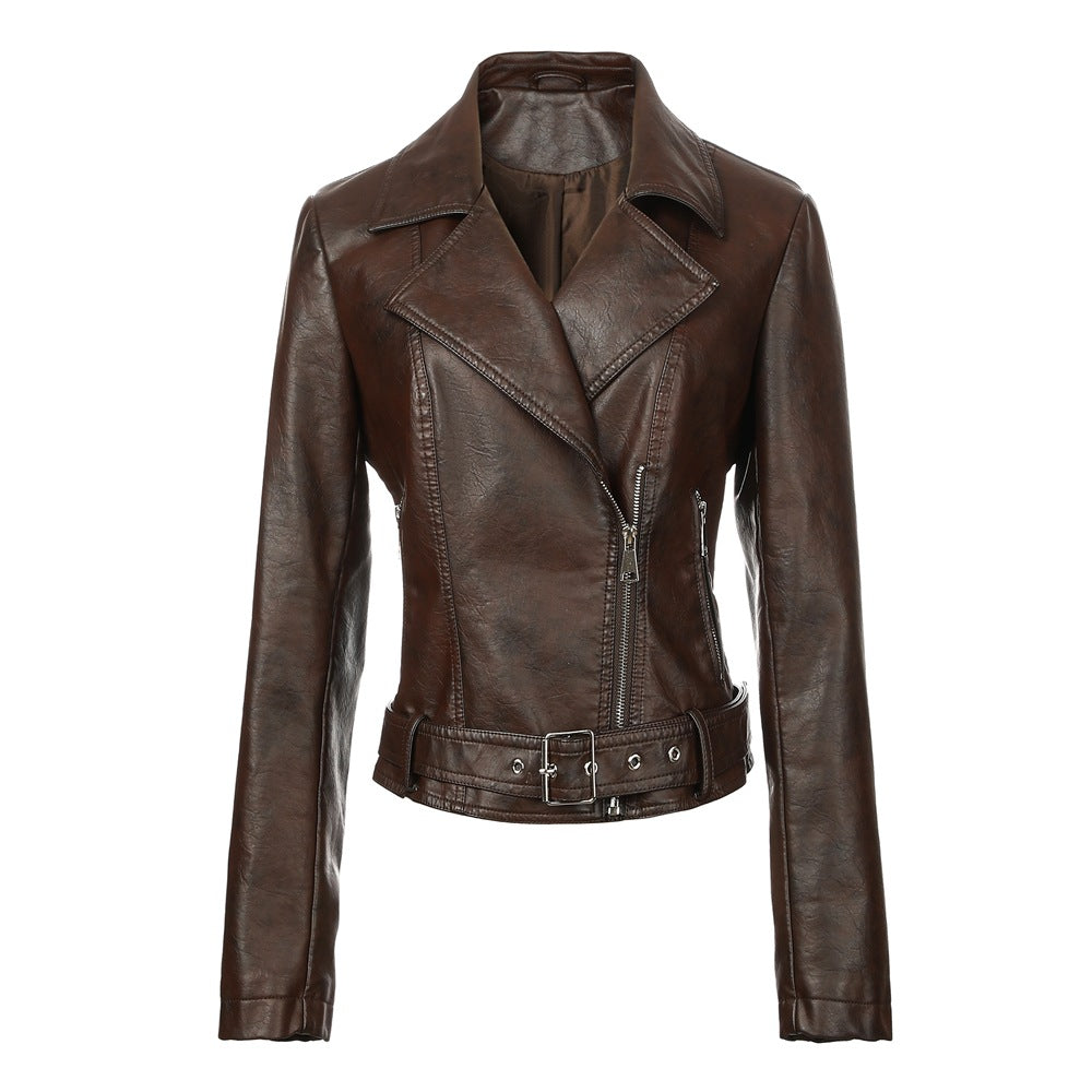 Women's short tailored leather biker jacket with waist belt and asymmetrical zipper Chichicherry