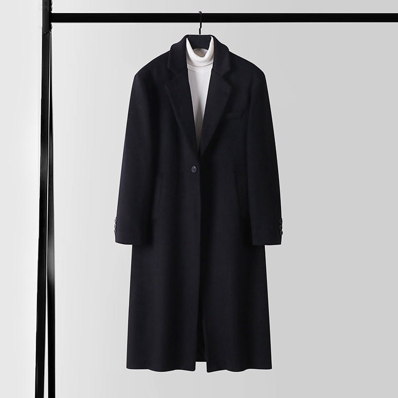 Men's Tailored Wool Blend Long Coat with Shawl Collar and One Button Closure Chichicherry