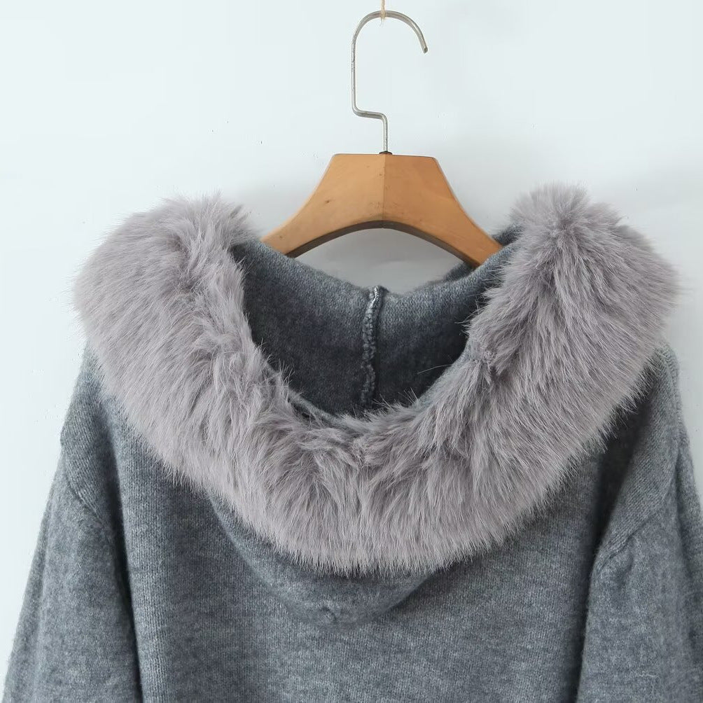 Women Short-Cut Knit Jacket with Zipper and Removable Faux Fur Collar Chichicherry