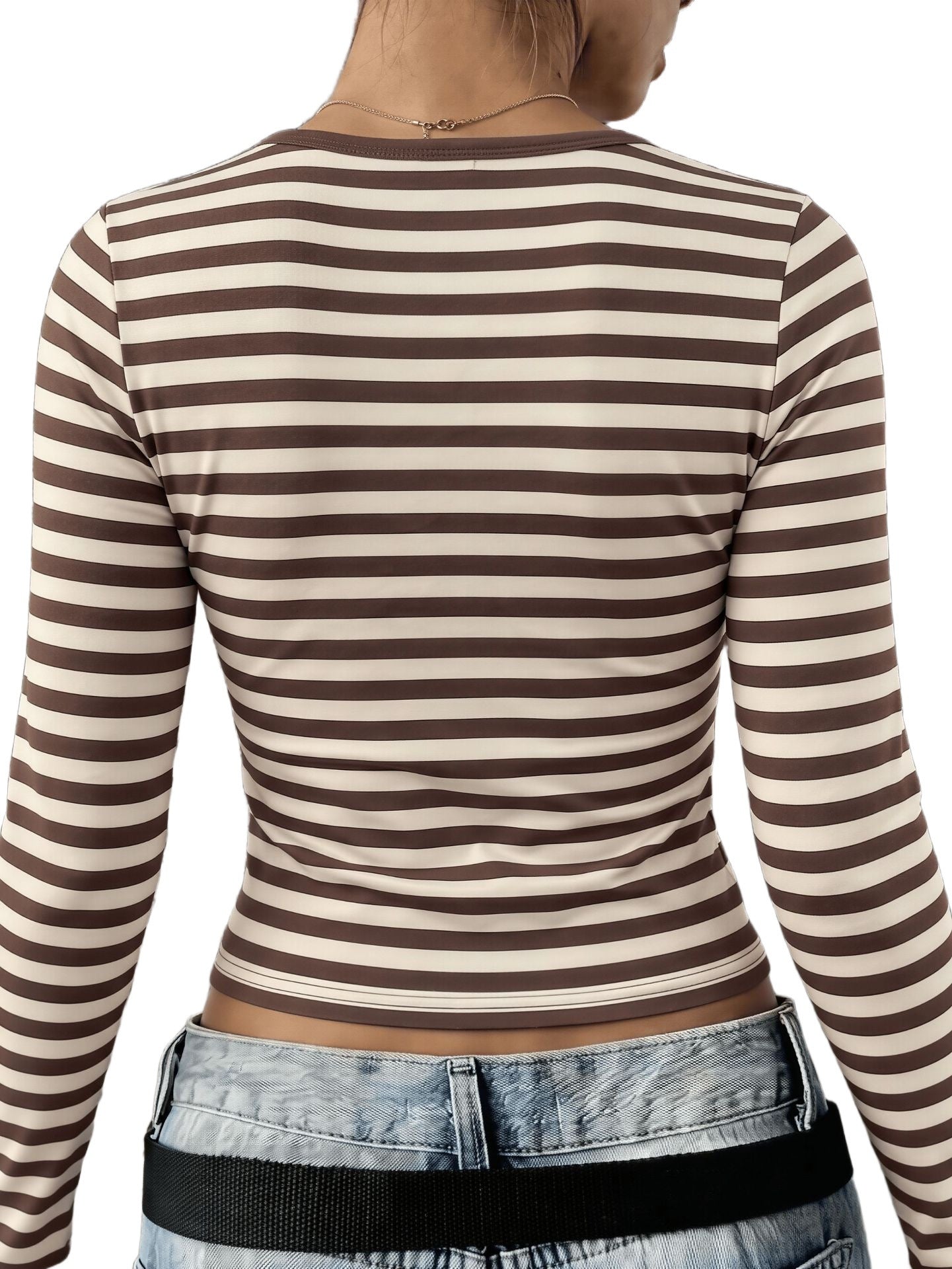 Women Striped fitted Long Sleeve Henley Shirt with Boat Neck Chichicherry