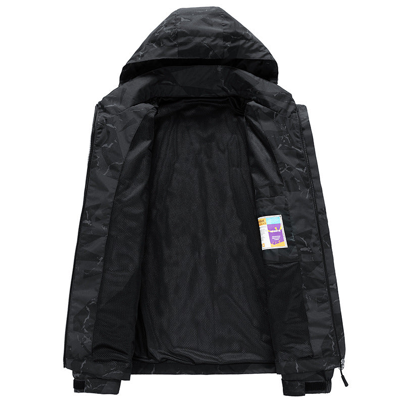 Men's technical waterproof hooded jacket with graphic camouflage print, zippered pockets, and adjustable hem Chichicherry
