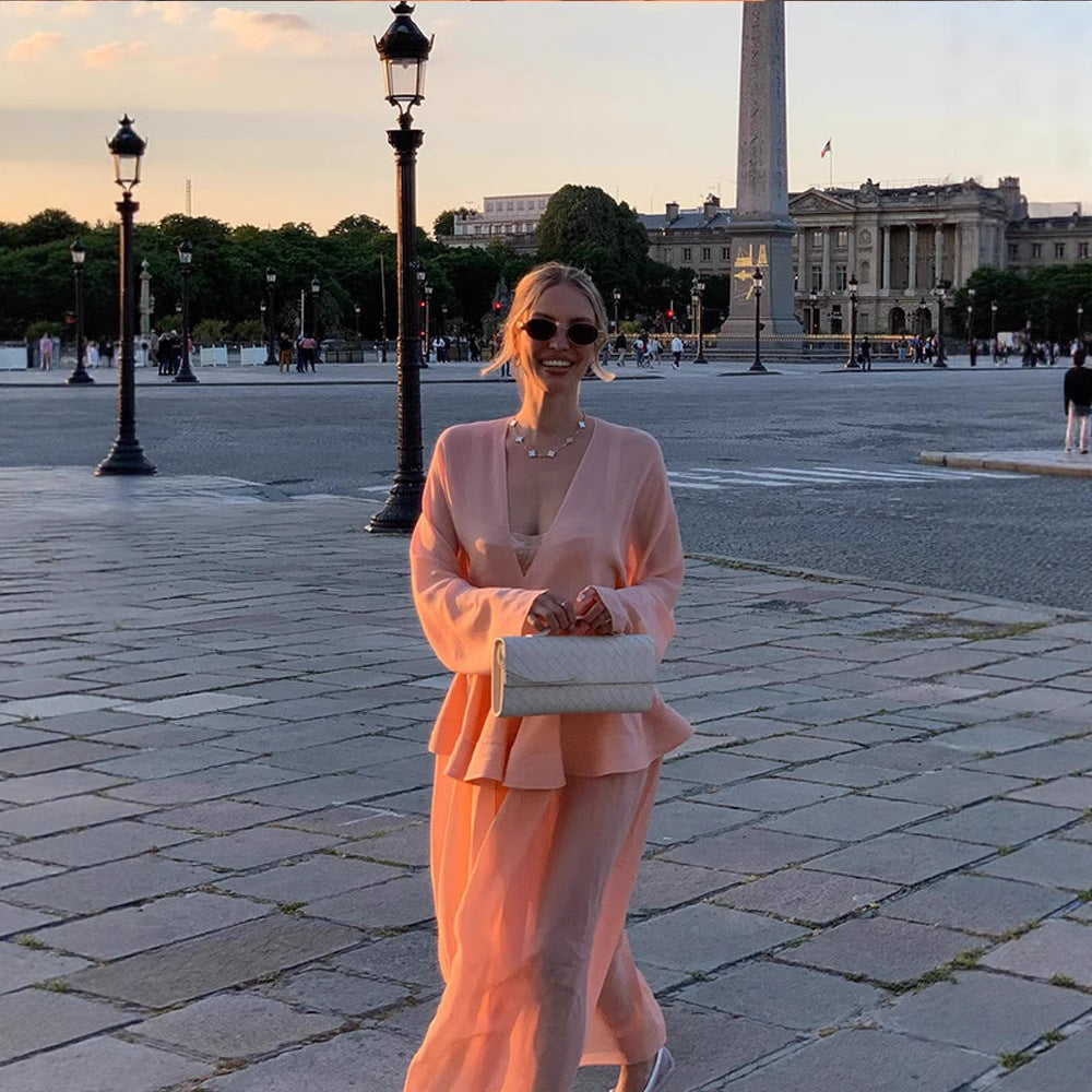 Women Two-Piece Chiffon Set with V Neck, Voluminous Sleeves and Pleated Maxi Skirt Chichicherry