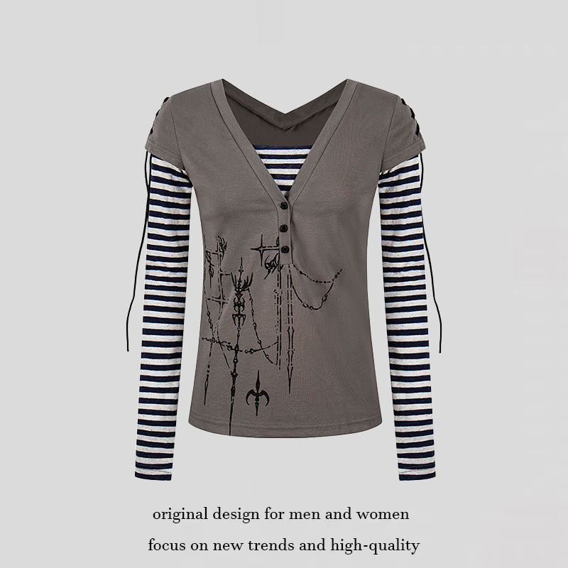 Women's Layered Long Sleeve Shirt with V-Neck, Striped Inner Layer and Lacing Detail Chichicherry