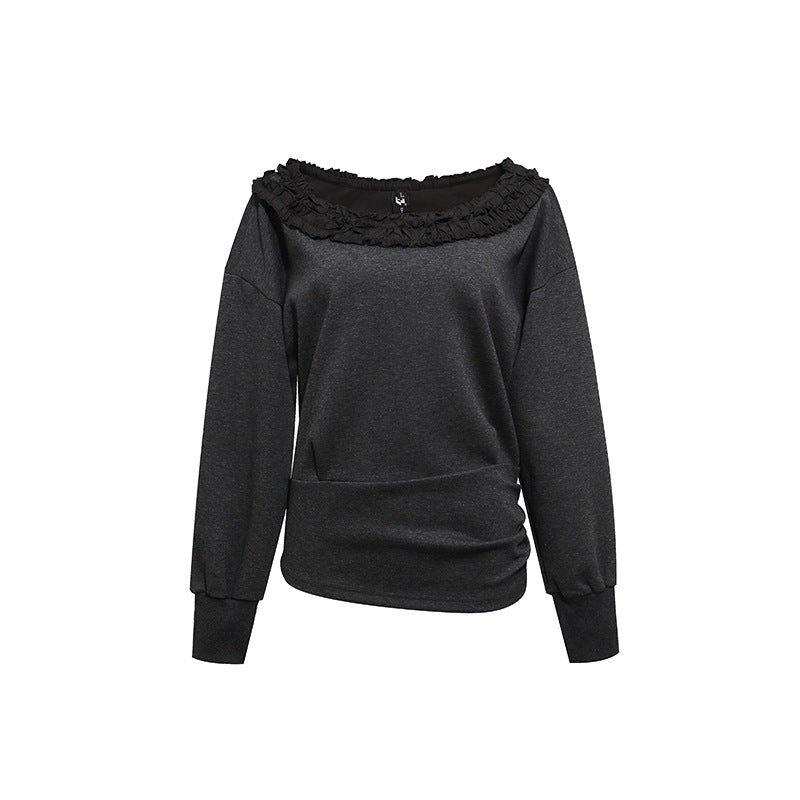Women's sweatshirt with off-the-shoulder neckline, lace ruffle, and side gathers Chichicherry