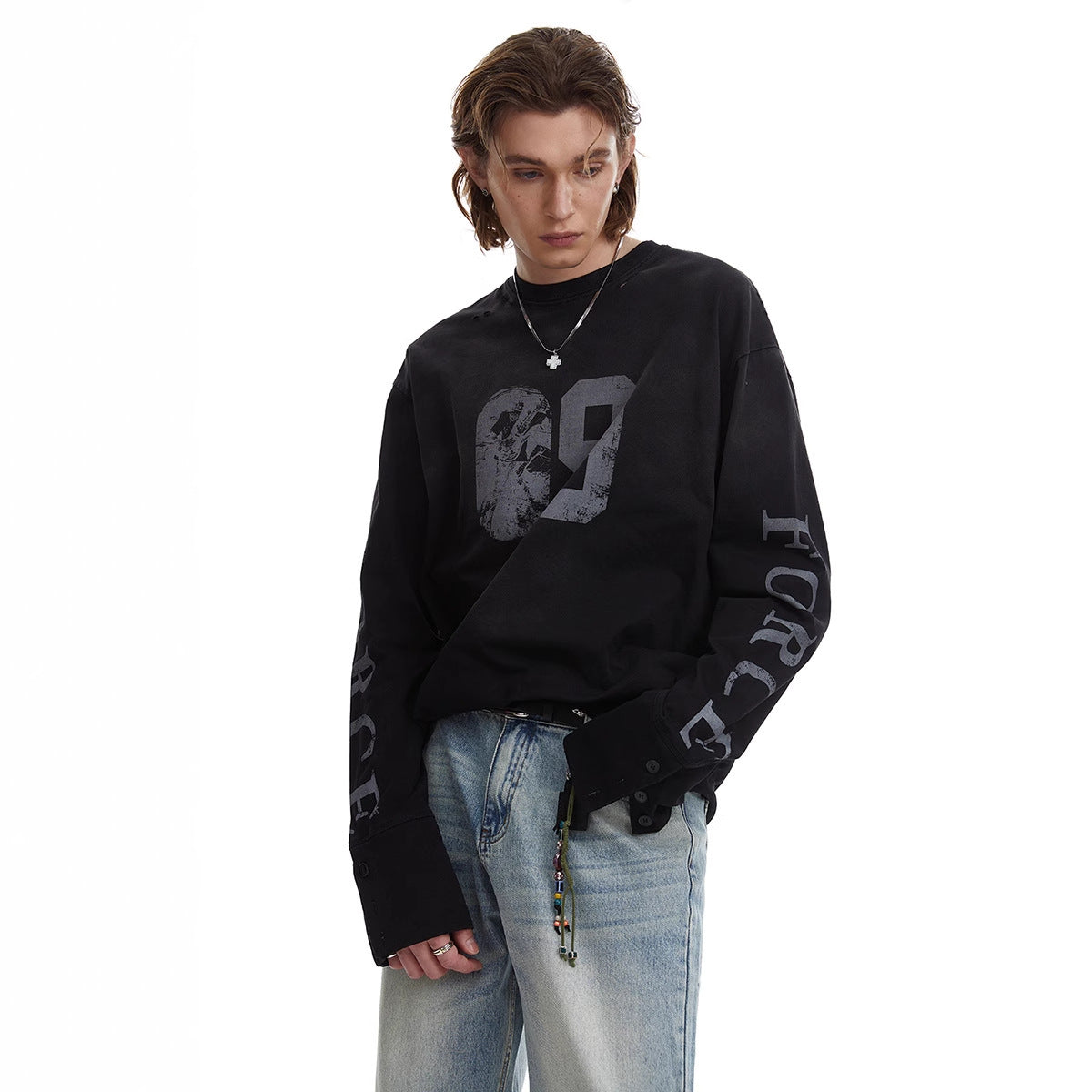 Men's Oversized Long Sleeve Sweatshirt with Print, Extended Cuffs and Used Details Chichicherry