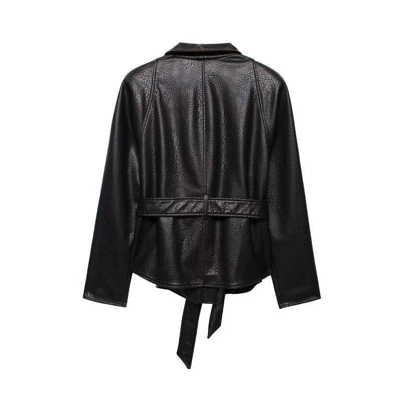 Ladies short jacket made of grain leather with shawl collar and tie belt Chichicherry