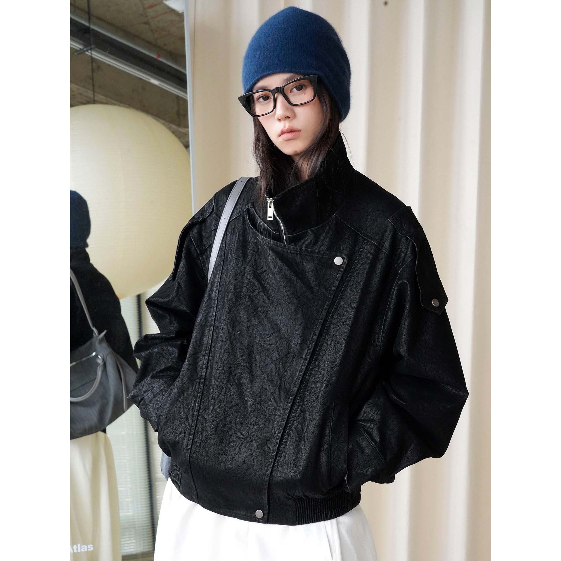 Women's Oversized Leather Jacket with High Collar and Asymmetrical Snap Placket Chichicherry