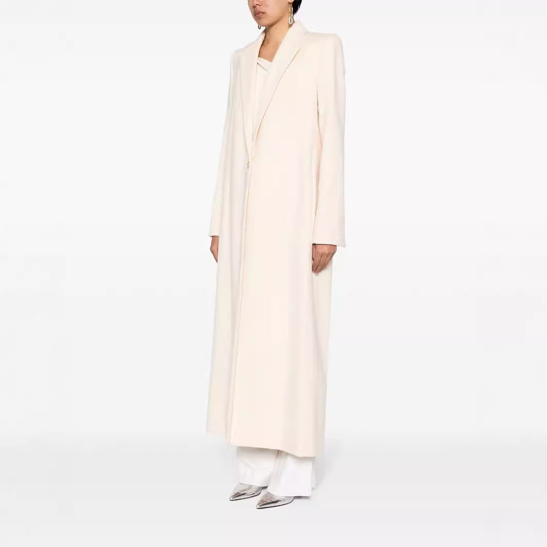 Women's Longline Wool Coat with Single Button Closure and Tailored Lapel Chichicherry