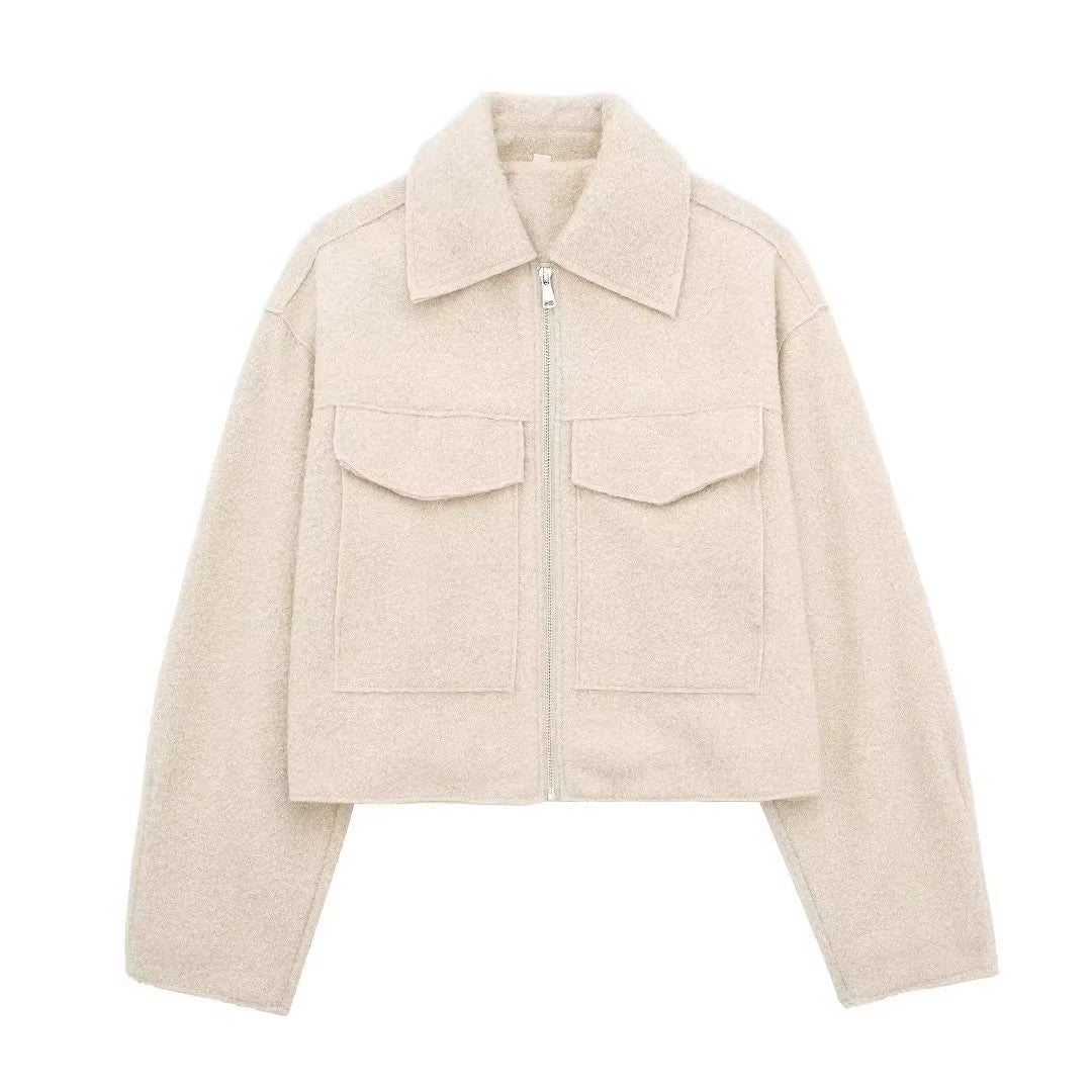 Women's Short Cut Sherpa Jacket with Zip and Flap Pockets Chichicherry