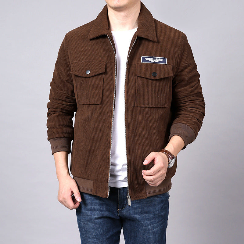 Men's cord work jacket in shirt jacket look with chest flap pockets and zipper Chichicherry