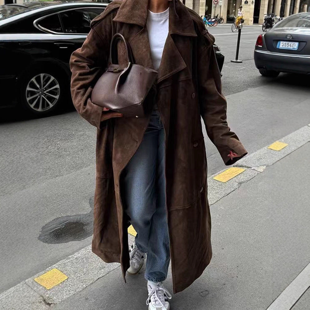 Women Mid-length Oversize Trench Coat made of Suede Look with double-breasted button placket, shoulder epaulets and tie belt Chichicherry