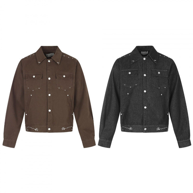 Men's short cut canvas blouson jacket with studded embellishments and flap pockets Chichicherry