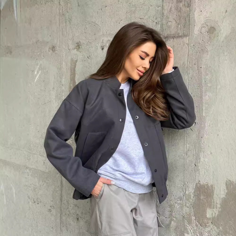Damen Kurz geschnittene Bomberjacke aus Wollmix mit Druckknopfverschluss und elastischem Saum Chichicherry
