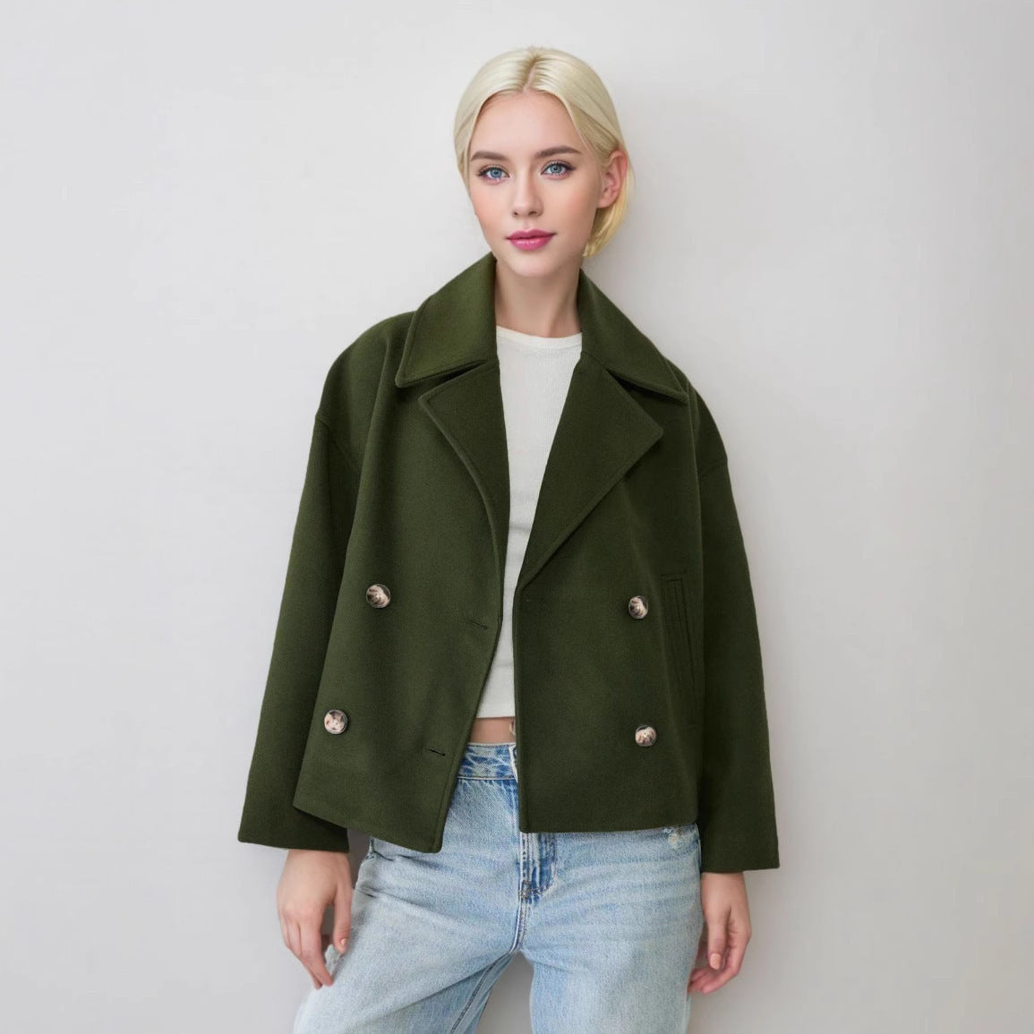 Women's Short Double-Breasted Wool Blend Coat with Oversized Lapels Chichicherry