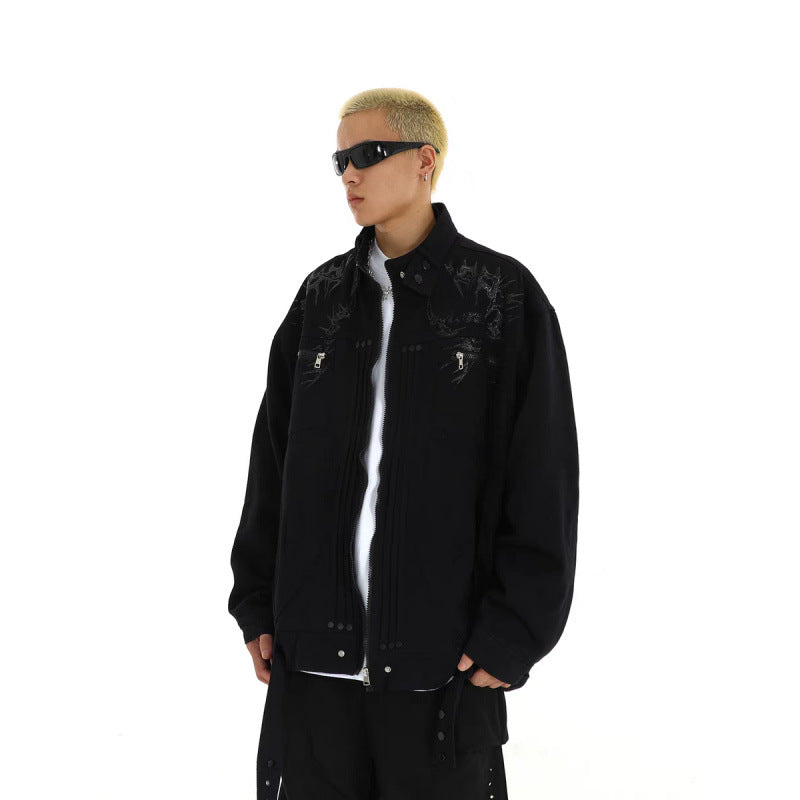 Herren Oversized Utility-Jacke mit Stickerei, Stehkragen, Reißverschluss und langen Gurtbändern Chichicherry