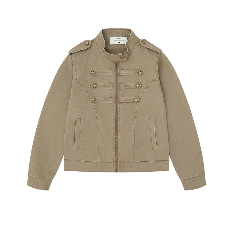 Women's military-inspired cotton canvas jacket with stand-up collar, decorative button plackets, and shoulder epaulets Chichicherry