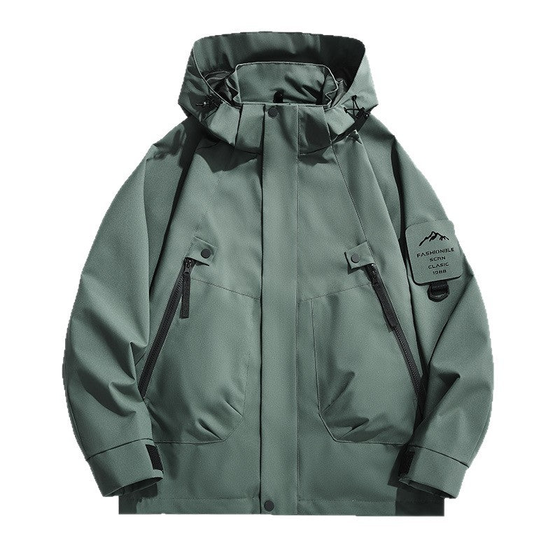 Men's Waterproof Utility Softshell Jacket with Hood, Diagonal Zipper Pockets & Adjustable Sleeve Straps Chichicherry