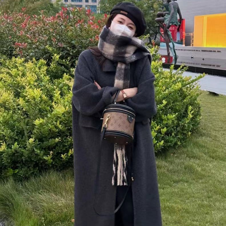 Women's Oversize Wool Blend Coat Knee-Length with Concealed Button Placket and Relaxed Shoulder Line Chichicherry