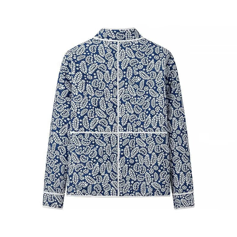 Women quilted transitional jacket withStand-up collar, paisley print and contrasting piping Chichicherry
