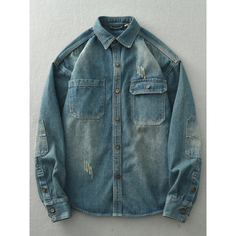 Herren Denim-Hemdjacke im Used-Look mit aufgesetzten Brusttaschen und Knopfleiste Chichicherry