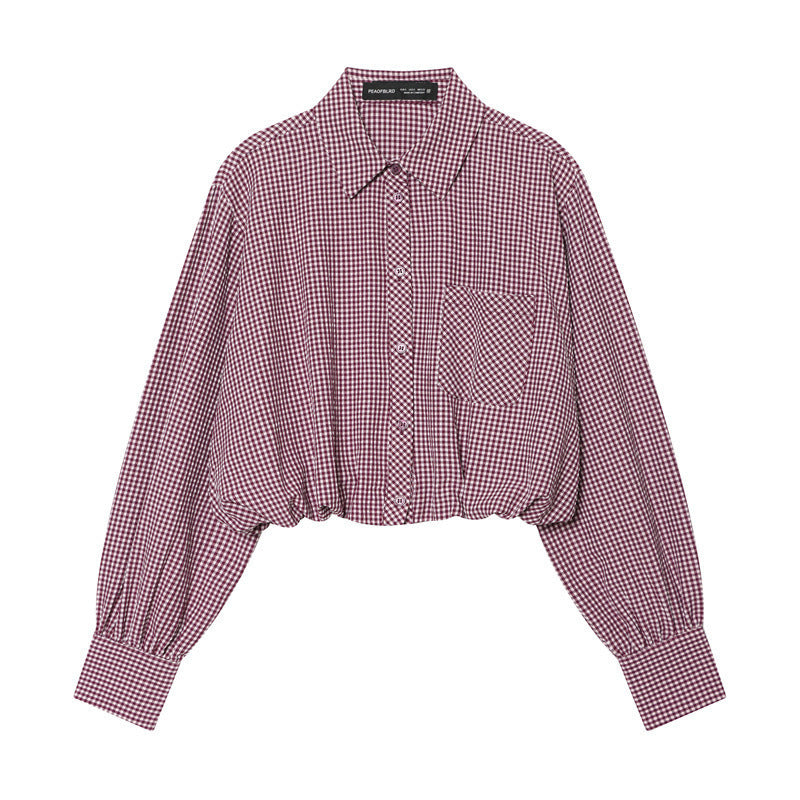 Ladies Short-Cut Checked Blouse with Balloon Sleeves, Elastic Hem and Breast Pocket Chichicherry