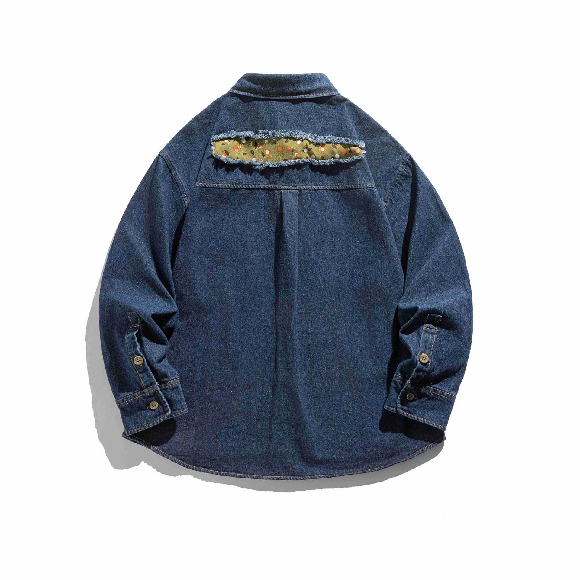 Men's Oversized Denim Shirt Jacket with Used Effects and Camouflage Patches Chichicherry