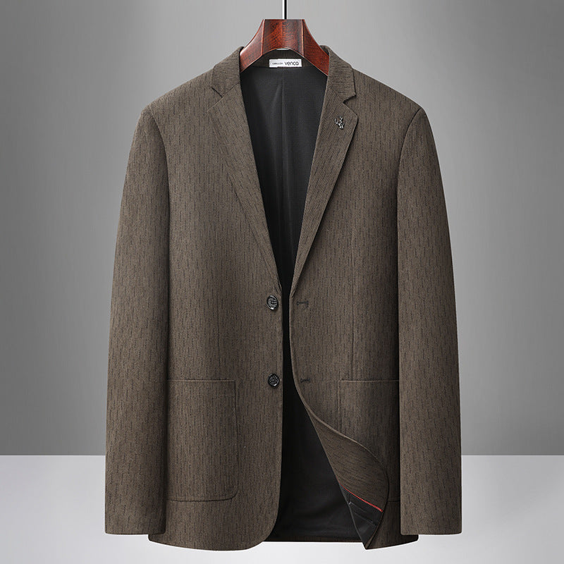 Men's Modern Business Blazer with Subtle Herringbone Pattern and Patch Pockets Chichicherry