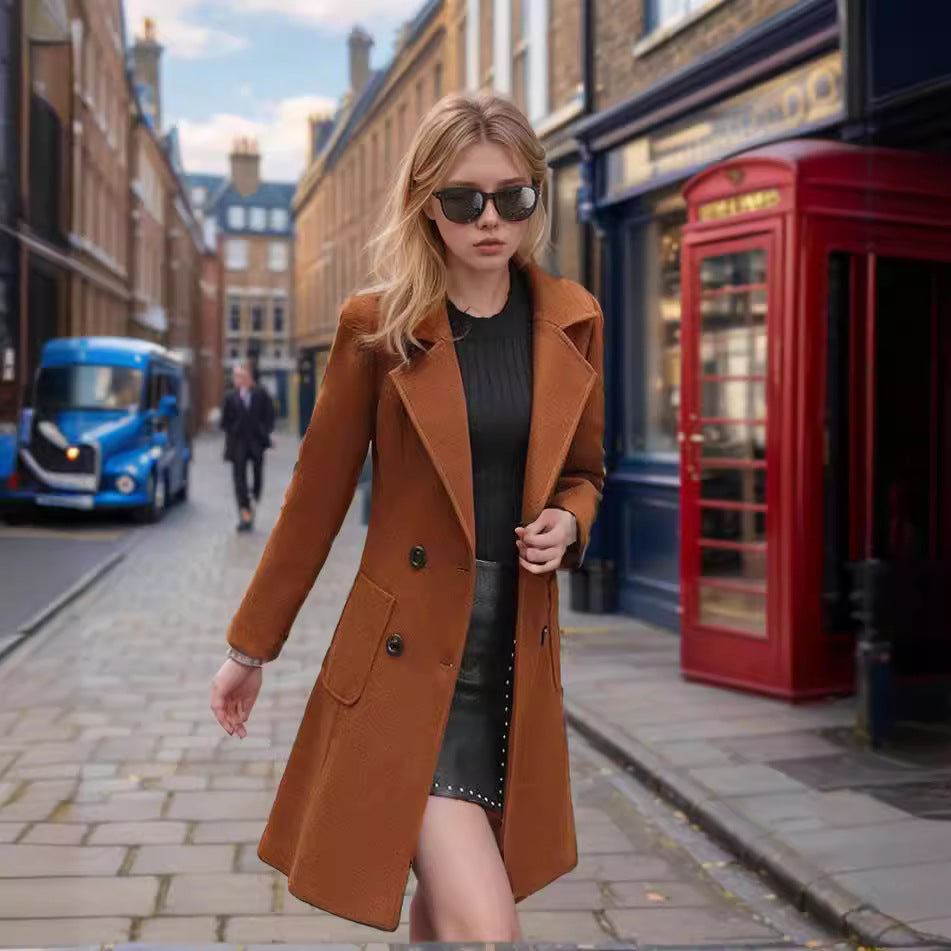 Women's classic tailored wool blend coat in long fit with shawl collar and flap pockets Chichicherry